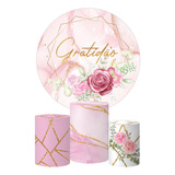 Painel De Festa 3d Tecido Trio Capa Cilindro Gratidão Rosa