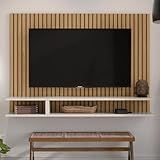 Painel Off White Ripado Suspenso Para TV Até 50 Polegadas Quarto Sala Com Nichos E Prateleiras Suporte Para Parede
