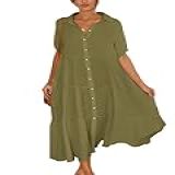 Paintcolors Vestido Feminino Casual De Manga Curta Com Botões Para Praia Longo Vestido De Verão Maxi Camisa Quimonos Cardigãs Verde Oliva C44 P