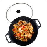 Panela Frigideira Wok Ferro Fundido 36cm C Tampa De Vidro