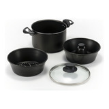 Panela Pudim Banho Maria Conjunto 3 Em 1 Antiaderente Top Cor Preto