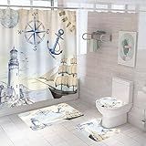 PAOPOED Conjunto De 4 Peças De Cortina De Chuveiro Náutica Farol Do Oceano Para Homens Decoração De Banheiro Com Tapetes Antiderrapantes Tampa De Vaso Sanitário E Tapete De Banho Cortinas De