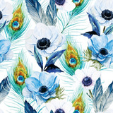 Papel De Parede Floral E Penas De Pavão Azul 3 05