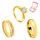 Par Aliança Noivado 6mm Ouro 18k Anel Solitário 2mm Luxo