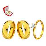 Par Alianças 6mm Ouro 18k Pedra Anel Solitário Zirconia