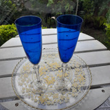 Par De Taça Para Champanhe Em Cristal Antigo Azul Cobalto
