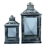 Par Lanterna Marroquina Decoração Metal Vidro Rustica Cinza