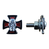 Par Parafuso Suporte Placa Moto Caveira Skull Cruz Vermelha