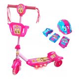 Patinete 3 Rodas Musical Luzes E Cesta Rosa Kit Proteção