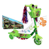 Patinete Infantil Meninos Dinossauro Verde Luzes Som 3 Rodas