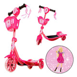 Patinete Infantil Rosa Barbie Resistente Scooter Cestinha