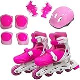 Patins 4 Rodas Roller Ajustavel  Com Kit De Proteção  Lindo Menina M   31 A 34 Rosa