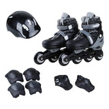 Patins Infantil 4 Rodas In Line Kit Proteção Tam 32 35 Preto