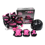 Patins Infantil 4 Rodas Preto rosa Ajustavel C Kit Brinde