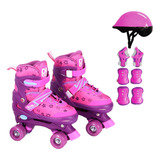 Patins Infantil Feminino Menina Rosa Quad Roller C Proteção