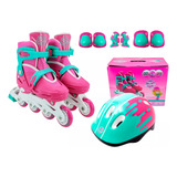 Patins Infantil Roller 4 Rodas Inline Rosa C Kit Proteção