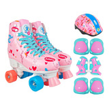 Patins Infantil Rosa 4 Rodas Quad Roller 34 37 Kit Proteção