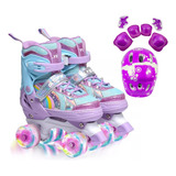 Patins Quad Ajustável Arco íris Rodinhas Led Kit Proteção