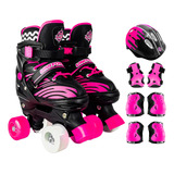 Patins Quad Roller Infantil Com Kit Proteção Preto pink