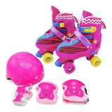 Patins Quad Rosa Bota Ajustável Com Kit Acessórios Proteção