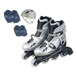 Patins Roller In-line Ajustável+ Kit Proteção Infantil Prata