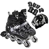 Patins Roller Inline 4 Rodas Skates Ajustavél Com Roda Iluminada Jovens E Adultos, Para Iniciantes, Uso Interno E Externo + Kit Completo Com Capacete E Proteções (preto/preto, Roller G (37 Ao 40))