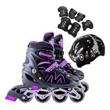 Patins Roller Inline 4 Rodas Skates Ajustável Kit Proteção