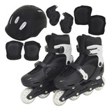 Patins Roller Inline Infantil 4 Rodas Kit Proteção Preto
