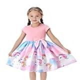 PATPAT Vestido Para Meninas De Manga Curta Com Laço De Princesa Para Crianças Pequenas Meninas Grandes Unicórnio Floral Festa Vestidos Casuais Rosa 3 4 Anos