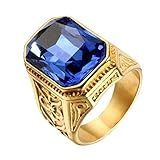 Pauro Anel Masculino De Aço Inoxidável Vintage Grande Quadrado Gravado Com Pedra Preciosa Para Motociclista Hip Hop, Aço Inoxidável, Ouro 18k, Pedra Preciosa, Zircônia Cúbica