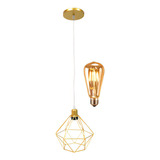 Pendente Aramado Diamante Lustre Cabo Cristal P Dourado Lãmpada Led St64 Vintage Retrô