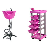 Pente Kit Salão Rosa Lavatório Carrinho Aúxiliar