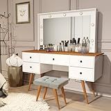 Penteadeira Camarim Com Banqueta Com Led Espelho Resistente Moderna Decorativa Madeira MDF Maquiagem Branco Nature 