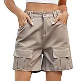 Perbai Bermuda Cargo Feminina Cintura Elástica Comprimento Até O Joelho 7 Bolsos Verão Longo Trilha Shorts Caqui P