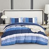 PERFEMET Conjunto De Cama Casal Listrado Azul Marinho Azul E Branco 3 Peças 1 Edredom Listrado E 2 Fronhas Azul Marinho Casal 