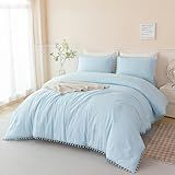 PERFEMET Jogo De Cama Casal Em Uma Bolsa 5 Peças Azul Claro Pompom Macio Boêmio Liso Conjunto De Cama Com Lençóis Azul Claro Casal 