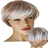 Peruca Feminina De Fibra Orgânica Corte Curto Com Franja E Luzes Loiro Longo -Peruca Castanho Grisalho 30cm 90 Gramas 04-