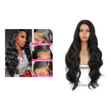 Peruca Feminina Longa Ondulada De Cabelo Natural Preto Com