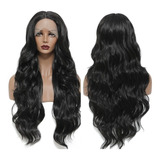 Peruca Lace Front Ondulada Preta Fibra Orgânica Premium 65cm