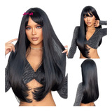 Peruca Lisa Preta 60cm Fibra Orgânica Touca Brinde