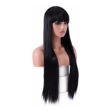 Peruca Lisa Preta Com Franja 60cm Fibra Organica Wig Cap