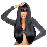 Peruca Preta Lisa Franja Reta 60cm Orgânica Premium Cap