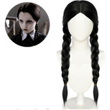 Peruca Preta Trança Franja Wandinha Familia Addams Cosplay Tonalidade Preto
