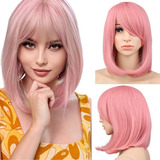 Peruca Wig Lisa Curta Com Franja Rosa Bebe Fibra Orgânica