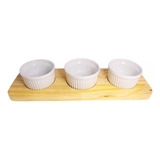 Petisqueira Madeira 3 Molheiras ramequins Porcelana Cor Branco