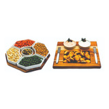 Petisqueira Madeira Teca Com Porcelanas Conjunto Para Patê Cor X
