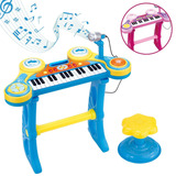 Piano Teclado Musical Infantil Pianinho Microfone Brinquedo Cor Azul