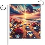 Pickako Verão Praia Mar Mar Lado Sol Rosas Coração Cristal Dia Dos Namorados Bandeira De Jardim 30 5 Cm Pequena Vertical Dupla Face Sazonal Decoração Externa Para Quintal De Fazenda
