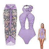 Piece Flower Swimsuit Mulheres Maiô Cor Sólida Conjunto Maiô Retrô Sem Mangas E Sem Costas Com Vestido Praia Para Estampa Floral