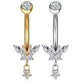 Piercing Umbigo Aço Cirúrgico Pvd Borboleta Com Pingente Zircônia 1 6x10 Prateado 